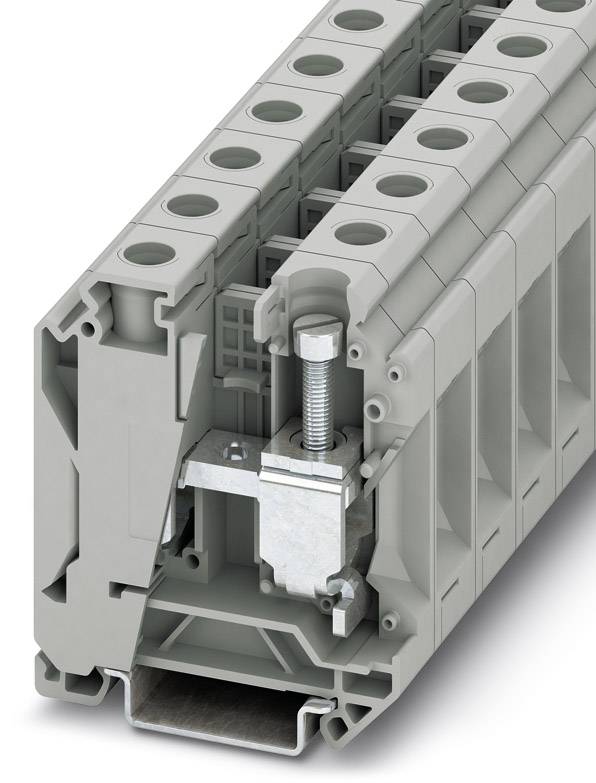 Ein grauer, modularer Reihenklemmenblock mit mehreren Anschlussstellen, geeignet für industrielle elektrische Verkabelungssysteme.