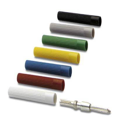 Sieben verschiedenfarbige Hülsen und ein Stecker in verschiedenen Farben: Schwarz, Grün, Blau, Gelb, Rot, Weiß und Grau.