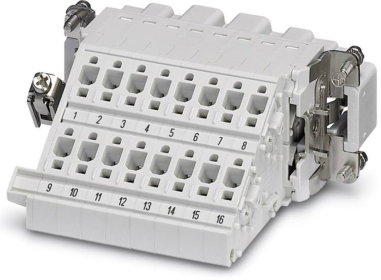 Weiße elektrische Klemmleiste mit 16 beschrifteten Anschlussklemmen, nummeriert von 1 bis 16, und metallischen Befestigungselementen.