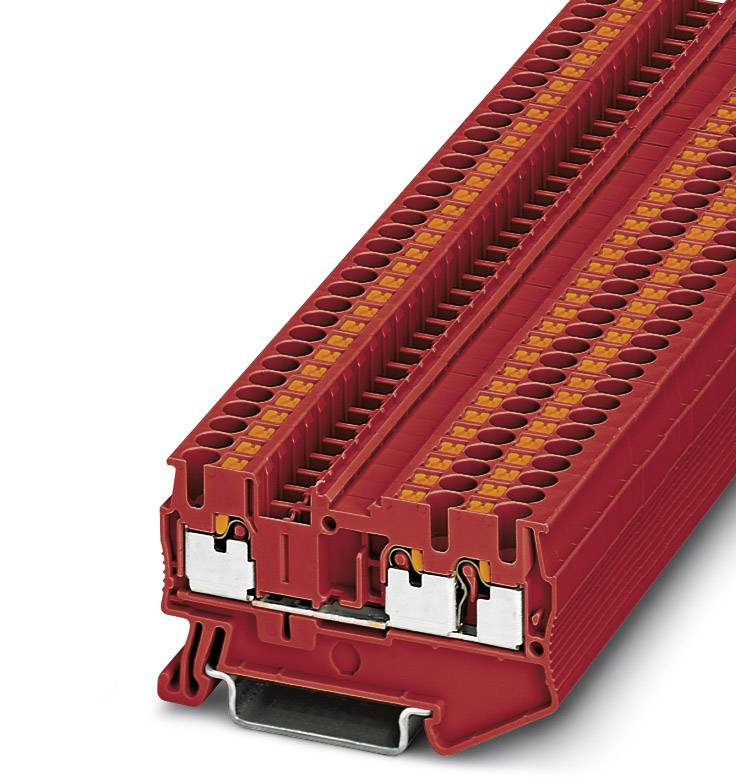 Ein roter modularer Anschlussblock mit Klemmen und Kontakten, geeignet für elektrische Installationen oder industrielle Anwendungen.