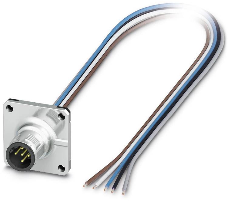 Ein elektrischer Anschlussstecker mit mehreren farbigen Kabeln: schwarz, braun, grau, blau. Geeignet für industrielle Anwendungen.