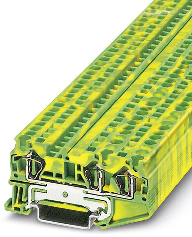 Elektrischer Klemmenblock mit grün-gelbem Gehäuse und drei Steckanschlüssen. Geeignet für industrielle elektrische Verbindungen.