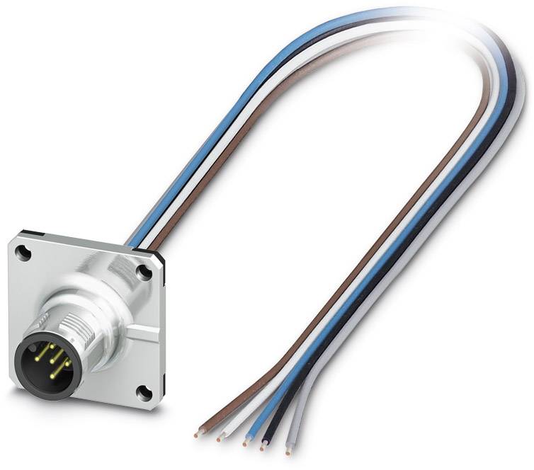 Ein silberner elektrischer Steckverbinder mit vier farbigen Kabeln (braun, blau, schwarz, grau), die nach rechts verlaufen.