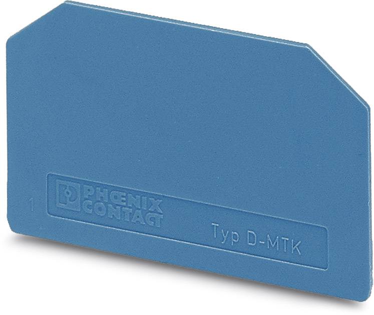 Blaue Kunststoffabdeckung mit abgeschrägter Ecke, beschriftet mit 'PHOENIX CONTACT' und 'Typ D-MTK', dient zur Abdeckung von Steckverbindungen.