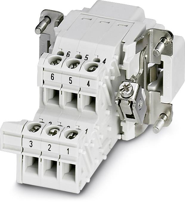 Weiße, sechspolige Klemmenleiste mit Schraubverbindungen, Nummerierung von 1 bis 6, geeignet für elektrische Verkabelungen.