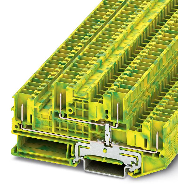 Ein gelb-grüner Kunststoffklemmblock für die elektrische Verbindungstechnik mit Metallelementen, zeigt mehrere Klemmenreihen.