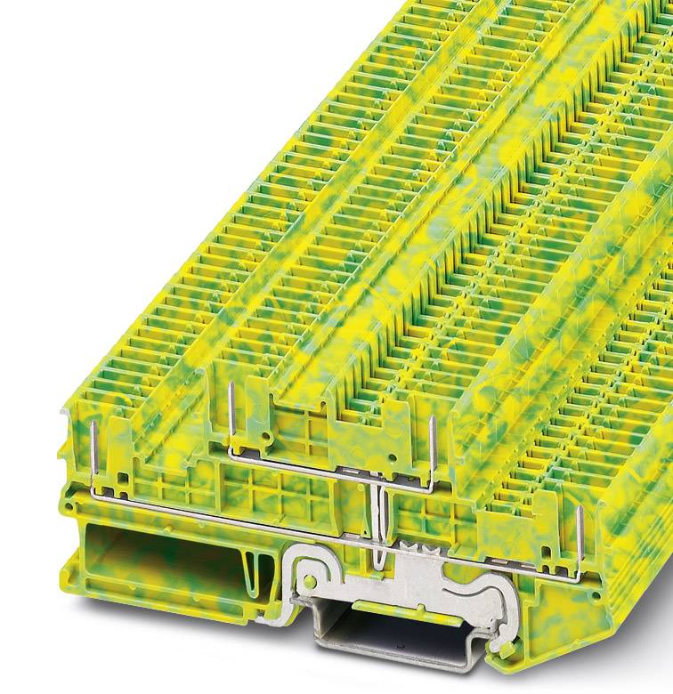 Gelbes und grünes technisches Bauteil, möglicherweise eine elektrische Anschlussklemme oder -leiste, mit komplexer Struktur.