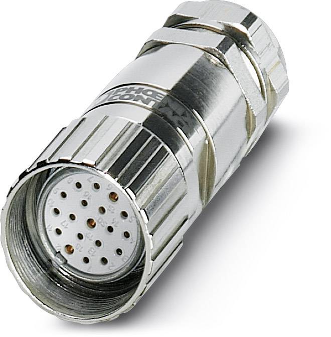 Steckverbinder aus Metall mit mehrpoligem Anschluss und geriffeltem Gehäuse für industrielle Anwendungen.