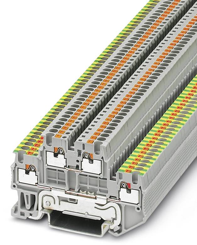Verdrahtungsklemme mit mehreren Ebenen in Reihenanordnung. Die Klemmen sind grau mit orange und grün-gelben Markierungen.