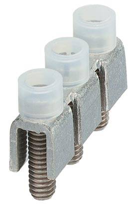 Drei vertikale Metallgewinde mit Kunststoffkappen und metallischen Verbindungsstücken, möglicherweise Teil einer elektronischen Verbindungseinheit.