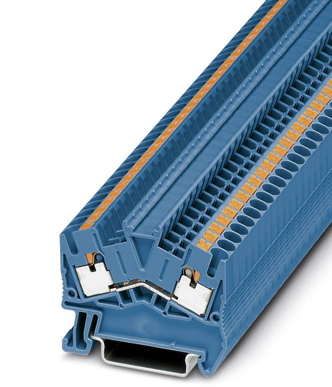 Ein blauer Reihenklemmblock mit orangenen Leitungsanschlüssen, zur Verwendung in elektrischen Schaltschränken geeignet.