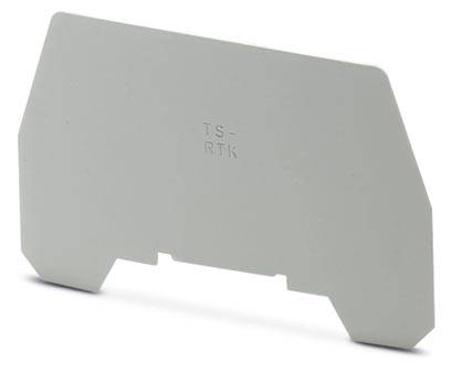 Eine graue Abdeckplatte mit der Aufschrift 'TS-RTK', dient zur isolierenden Abdeckung auf einer elektrischen Klemmleiste.