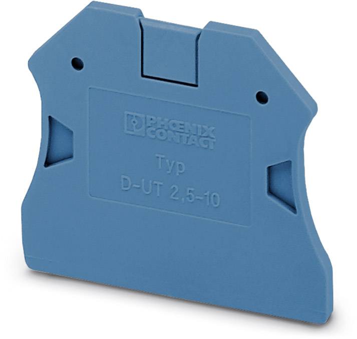 Blauer Endhalter von Phoenix Contact, Typ D-UT 2,5-10, zur Sicherung und Trennung von elektrischen Schaltungen auf Hutschienen.