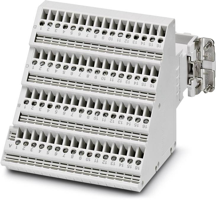 Ein grauer, mehrstöckiger elektrischer Klemmblock mit nummerierten Anschlüssen zur Verbindung von Leitungen in Schaltschränken.