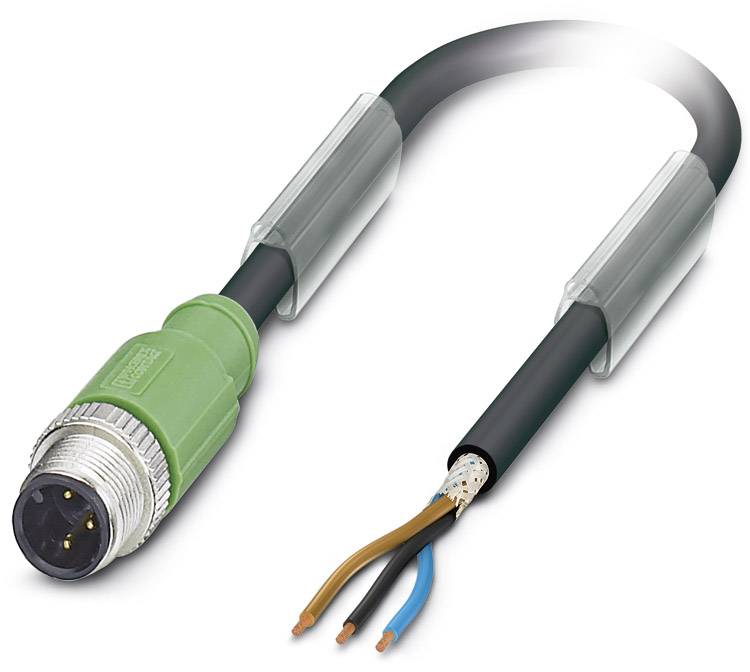 Ein grünes, mehradriges Kabel mit offenliegenden Drahtenden und einem runden Metallstecker, geeignet für industrielle Anwendungen.