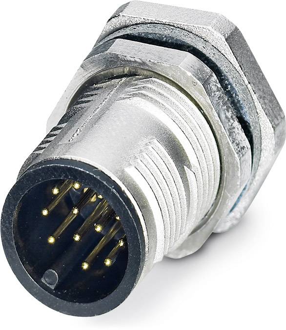 Metallischer, zylindrischer Steckverbinder mit mehreren goldfarbenen Kontaktstiften, verwendet für elektrische Verbindungen.