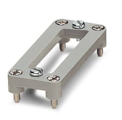 Graue rechteckige Metallhalterung mit vier Schrauben und einer zentralen Aussparung.