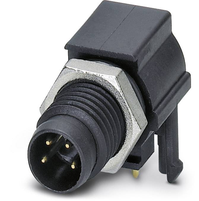 Ein schwarzer, rechteckiger Steckverbinder mit drei goldenen Pins, umgeben von einem metallischen Sechskant, geeignet zur elektrischen Verbindung.
