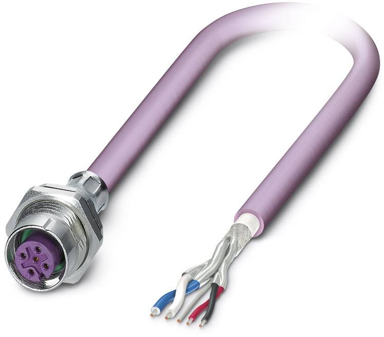 Rosa Kabel mit Metallstecker und freiliegenden farbigen Drähten: blau, rot, weiß.