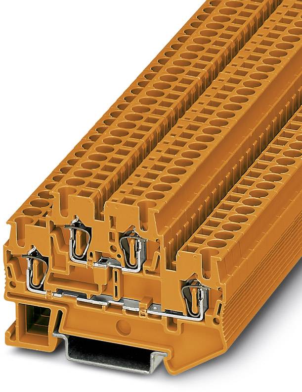 Elektrische orange Klemmenleiste mit mehreren Anschlussstellen für den Schaltschrank. Sie zeigt Aufbau und Steckeranschlüsse.