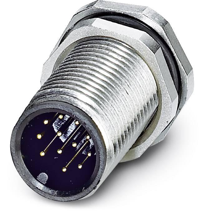 Ein mehrpoliger runder Steckverbinder aus Metall mit sichtbaren Kontaktstiften. Ideal für industrielle Anwendungen.