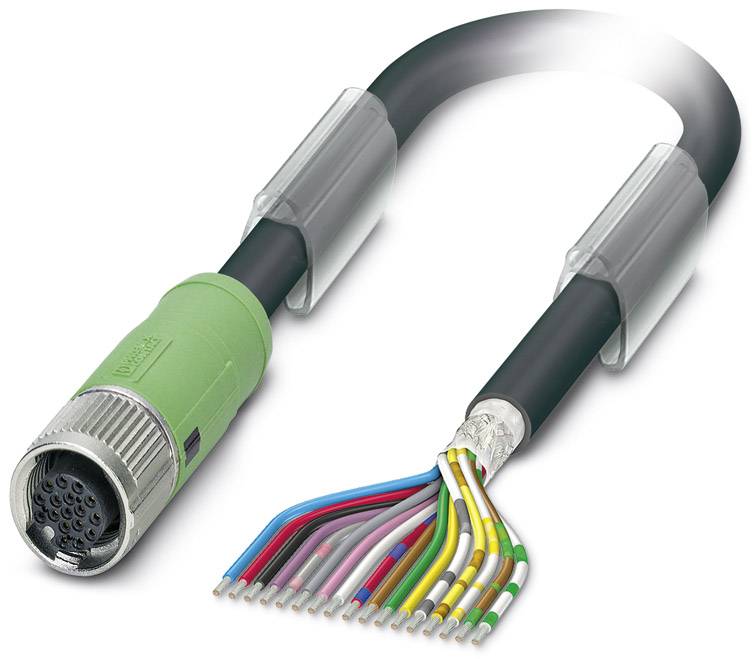 Ein Kabel mit einem grünen Stecker und mehreren farbigen Adern sichtbar. Es wird zum Verbinden elektronischer Geräte verwendet.
