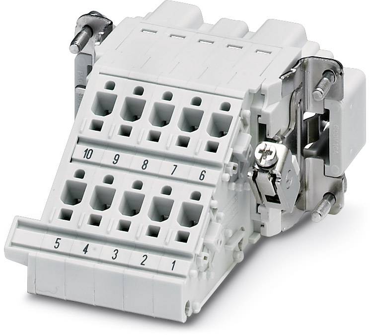 Ein weißer elektrischer Steckverbinder mit zehn nummerierten Anschlussklemmen in zwei Reihen.