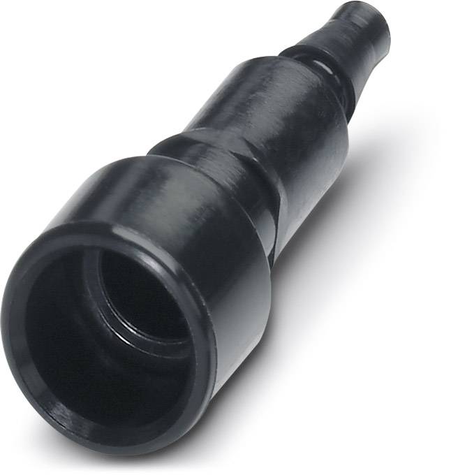 Schwarzer Kunststoffadapter mit breiter Öffnung und schmalem, sich verjüngendem Ende. Geeignet für Anschlüsse oder Verbindungen.