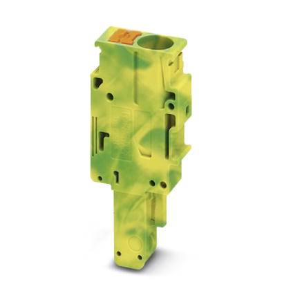 Gelbes und grünes elektrisches Steckverbindermodul, vertikal ausgerichtet, mit mehreren Steckplätzen und runden Befestigungspunkten.