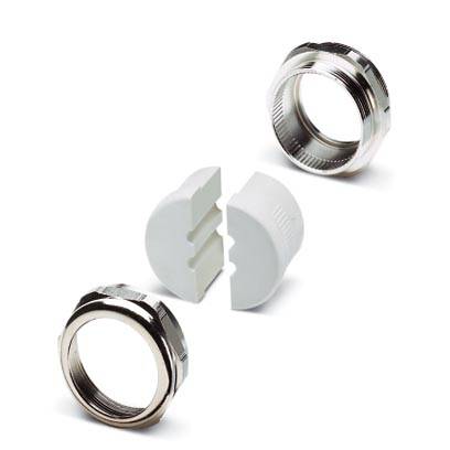 Metallringe und zwei weiße Kunststoffhälften, die zusammengesetzt zu sein scheinen. Sie bilden eine mechanische Verbindung.