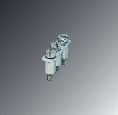 Eine silberne Metallklemme mit zwei Schrauben, die möglicherweise zur Befestigung von Drähten genutzt wird, auf grauem Hintergrund.