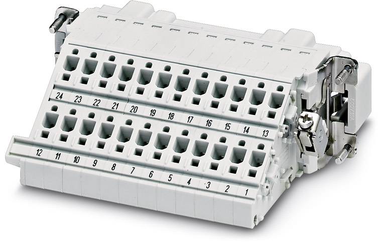 Ein weißer elektrischer Steckverbinderblock mit nummerierten Anschlussklemmen von 1 bis 24, ausgelegt zur sicheren Verbindung von Kabeln.