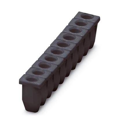 Ein schwarzes Eiswürfelbehälter mit zwölf Fächern in einer Reihe.