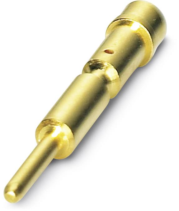 Steckkontaktstift aus goldfarbenem Metall, zylindrische Form mit abgerundeter Spitze, für elektrische Verbindungen verwendet.
