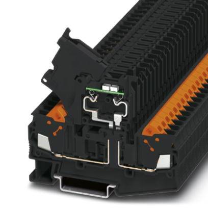 Ein schwarzes Kunststoffbauteil mit orangenen Elementen und einem komplexen Aufbau. Wahrscheinlich ein technisches Gerät oder Komponente.