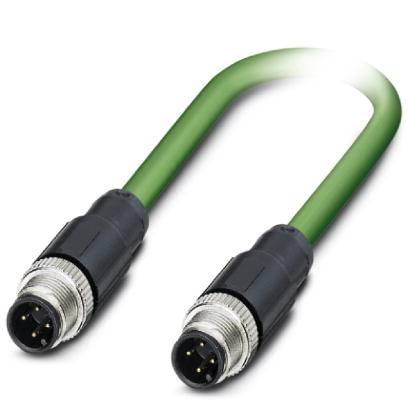 Grünes industrielles Kabel mit zwei vierpoligen Steckverbindern an den Enden, geeignet für sensorische oder Automatisierungstechnik.