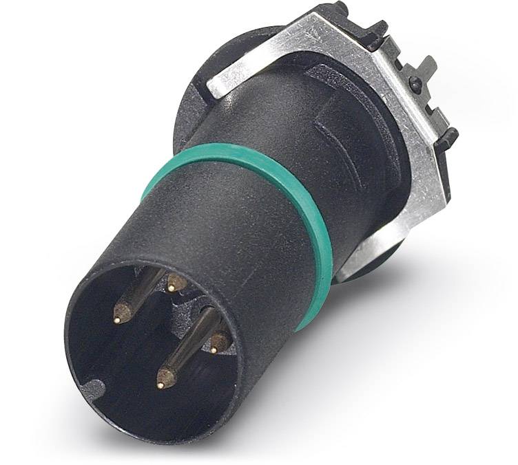 Ein schwarzer dreipoliger Steckverbinder mit grünem Ring und metallischen Kontakten, liegend auf weißem Hintergrund.