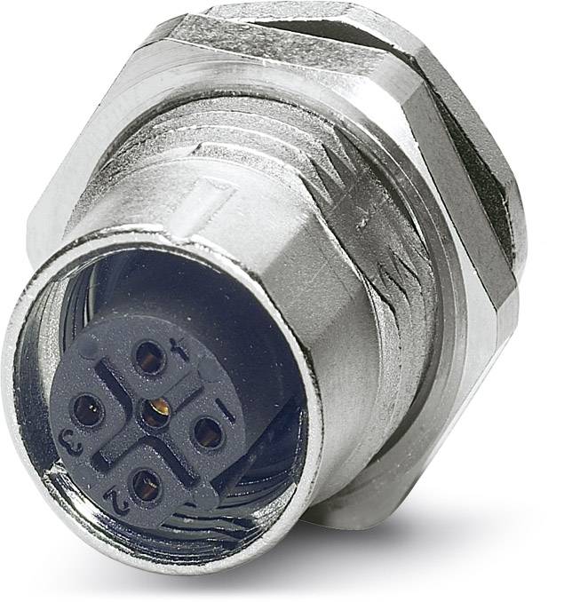 Ein runder, metallischer Steckverbinder mit mehreren Stiften, nummeriert von 1 bis 4 und Plus- und Minuszeichen, zur elektrischen Verbindung.