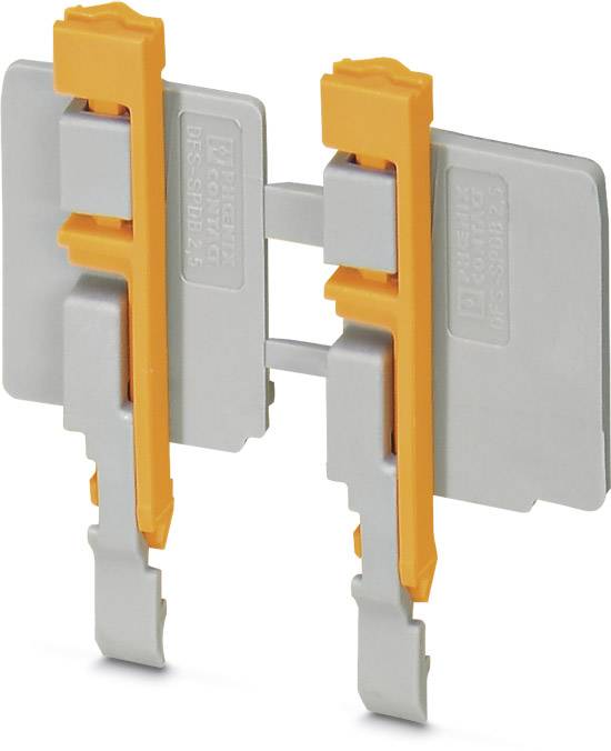 Industrieklemme in Grau und Orange, mit Verbindungsbrücke dazwischen, zur elektrischen Verdrahtung in Schaltschrankanwendungen geeignet.