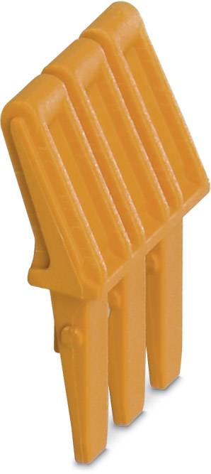 Ein orangefarbener Kunststoff-Abschlussstecker mit vier parallelen Steckern, verwendet zur Isolation und Verbindung in elektrischen Anlagen.