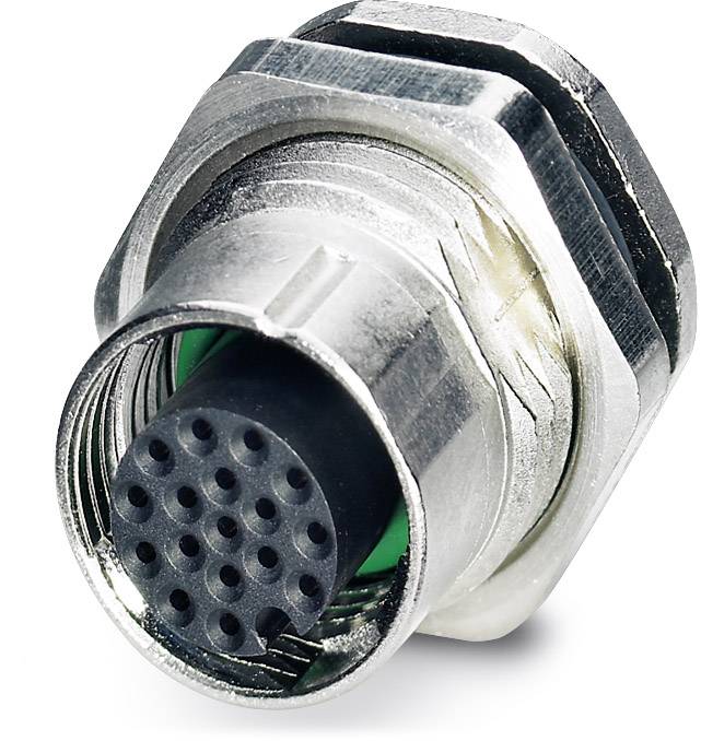 Ein metallischer Rundstecker mit mehreren Kontaktpins, geeignet für industrielle Anwendungen.