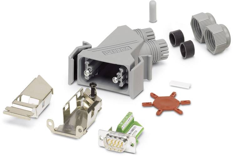 Steckerbaugruppe mit mehreren Komponenten: Gehäuse, Metallklammern, D-Sub-Stecker, Abdeckklappen und Dichtungsteile.