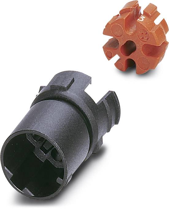 Schwarzer Kunststoffadapter neben einem roten Drehverschluss mit sechs Auslässen, die mechanisch verbunden werden können.