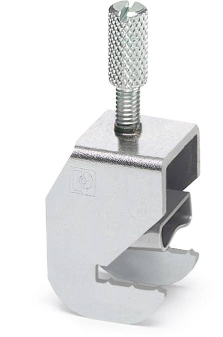 Metallische Klemmschelle, U-förmig, mit geriffeltem Schraubmechanismus oben zum Befestigen an Trägerstrukturen.