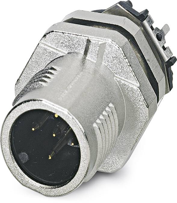 Ein silberner Rundstecker mit mehreren Pins, geeignet für elektronische Verbindungen und industrielle Anwendungen.