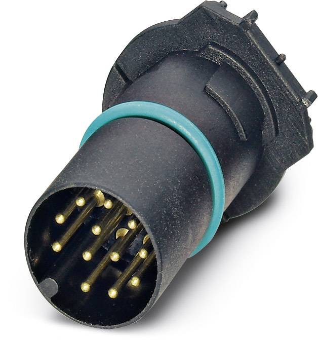 Schwarzer elektrischer Steckverbinder mit acht goldenen Stiften, einem türkisfarbenen Ring und rechteckigem Anschlussstück für Kabelverbindungen.