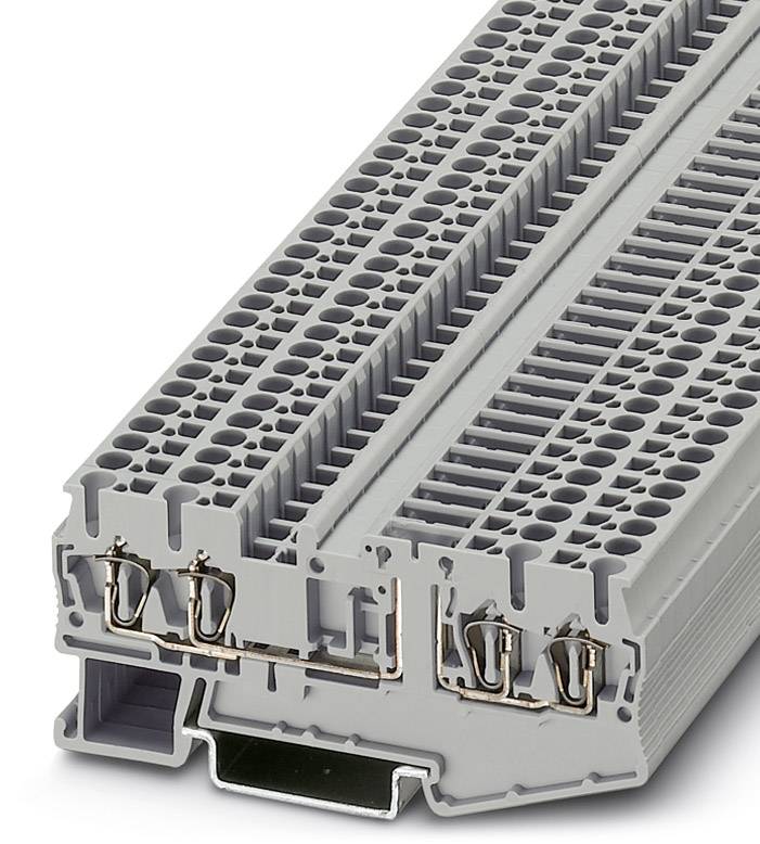 Graues, mehrlagiges elektrisches Klemmengehäuse mit mehreren Anschlussreihen und feststehenden Metallkontakten zur Leitungsverbindung.