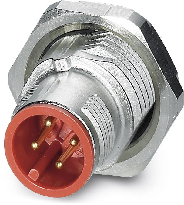 Ein zylindrischer, silberner Metallstecker mit rotem Anschluss und drei goldenen Pins. Der Stecker ist sechseckig eingefasst.