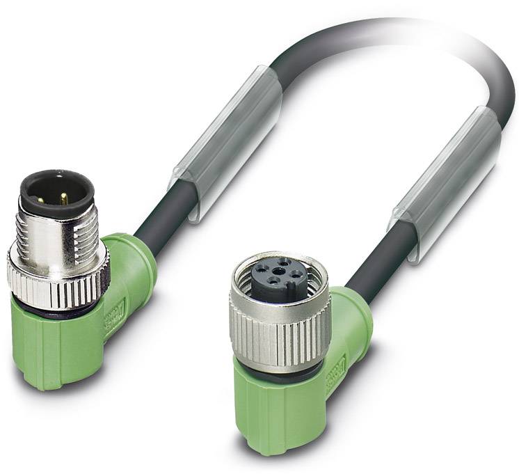 Industrielles M12-Steckverbinder-Datenkabel, gewinkelt, mit grünem Kunststoffgehäuse, zeigt zwei verbundene Enden.