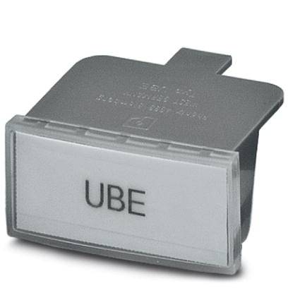 Ein rechteckiger grauer Knopf mit der weißen Aufschrift 'UBE'.
